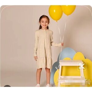 Bloom Kids Beige Bow Print‎ Tiered Long Sleeve Dress New with Tags